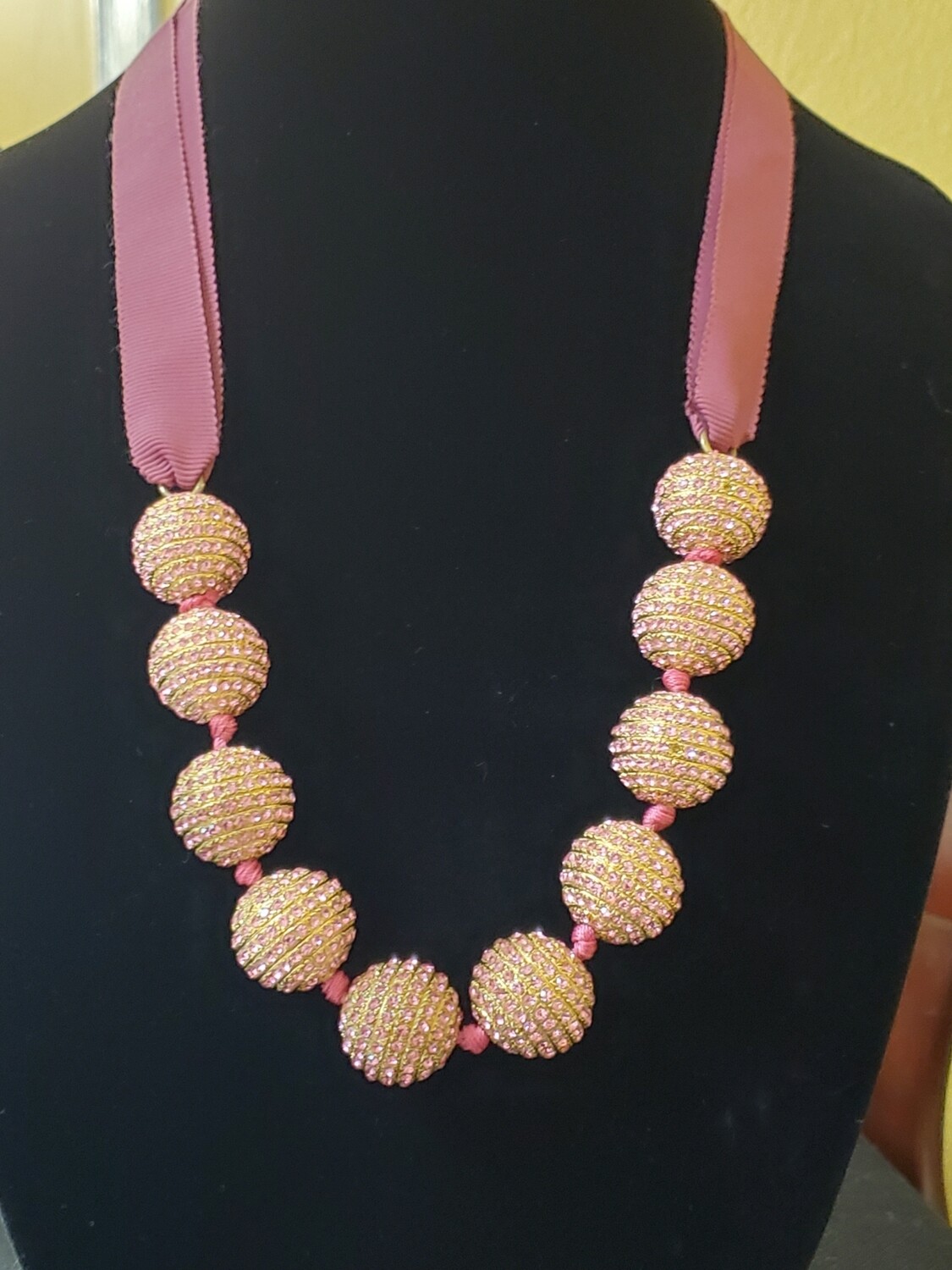 Ann Taylor Ribbon Pink Rhinestone Ball Necklace #1000