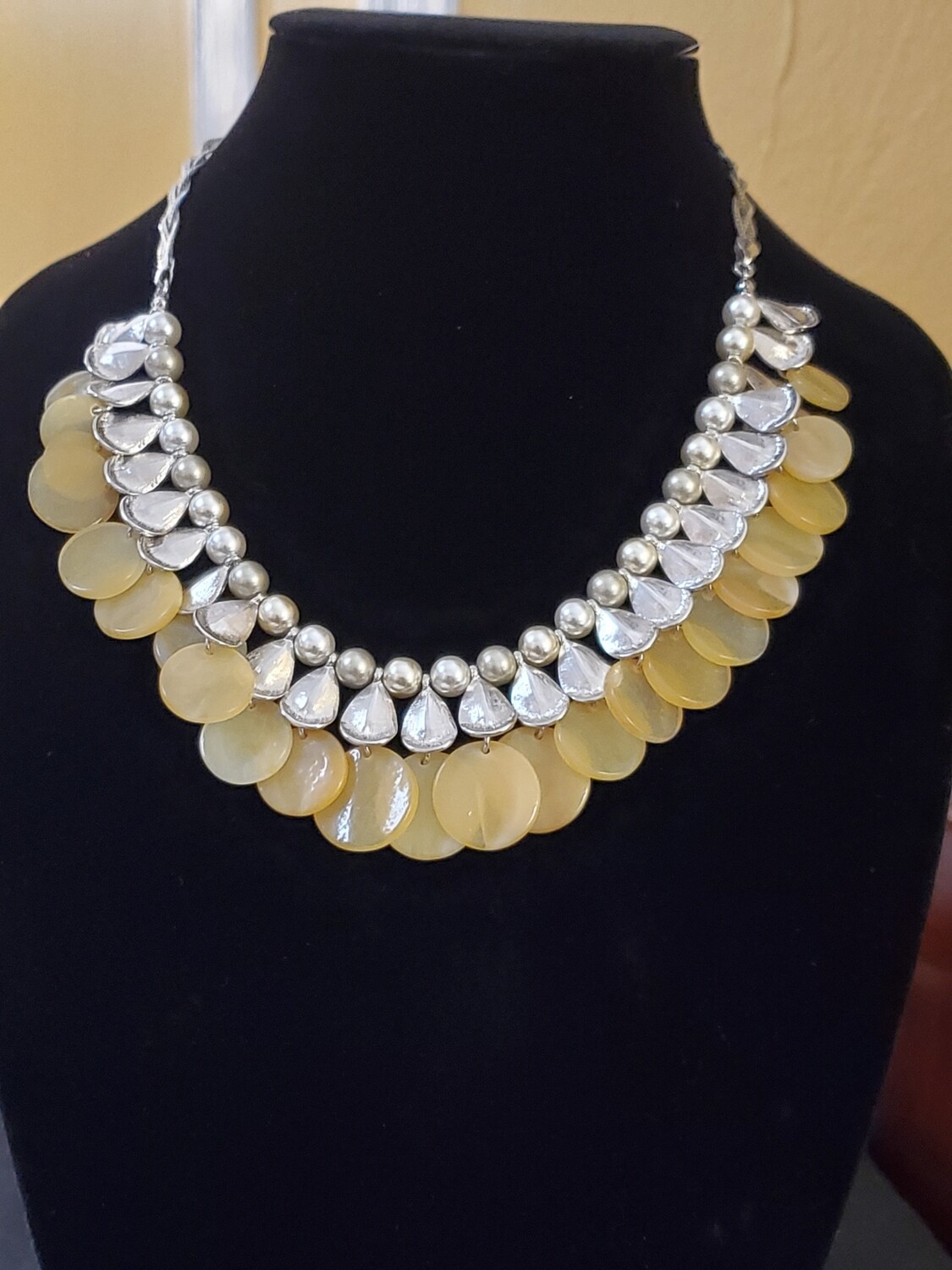 LOFT Yellow Dangle Disc Silvertone Necklace #1004