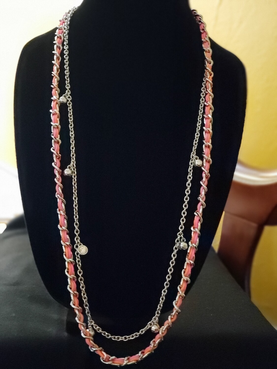 Ann Taylor Pink Ribbon Dangle Rhinestone Necklace #1047
