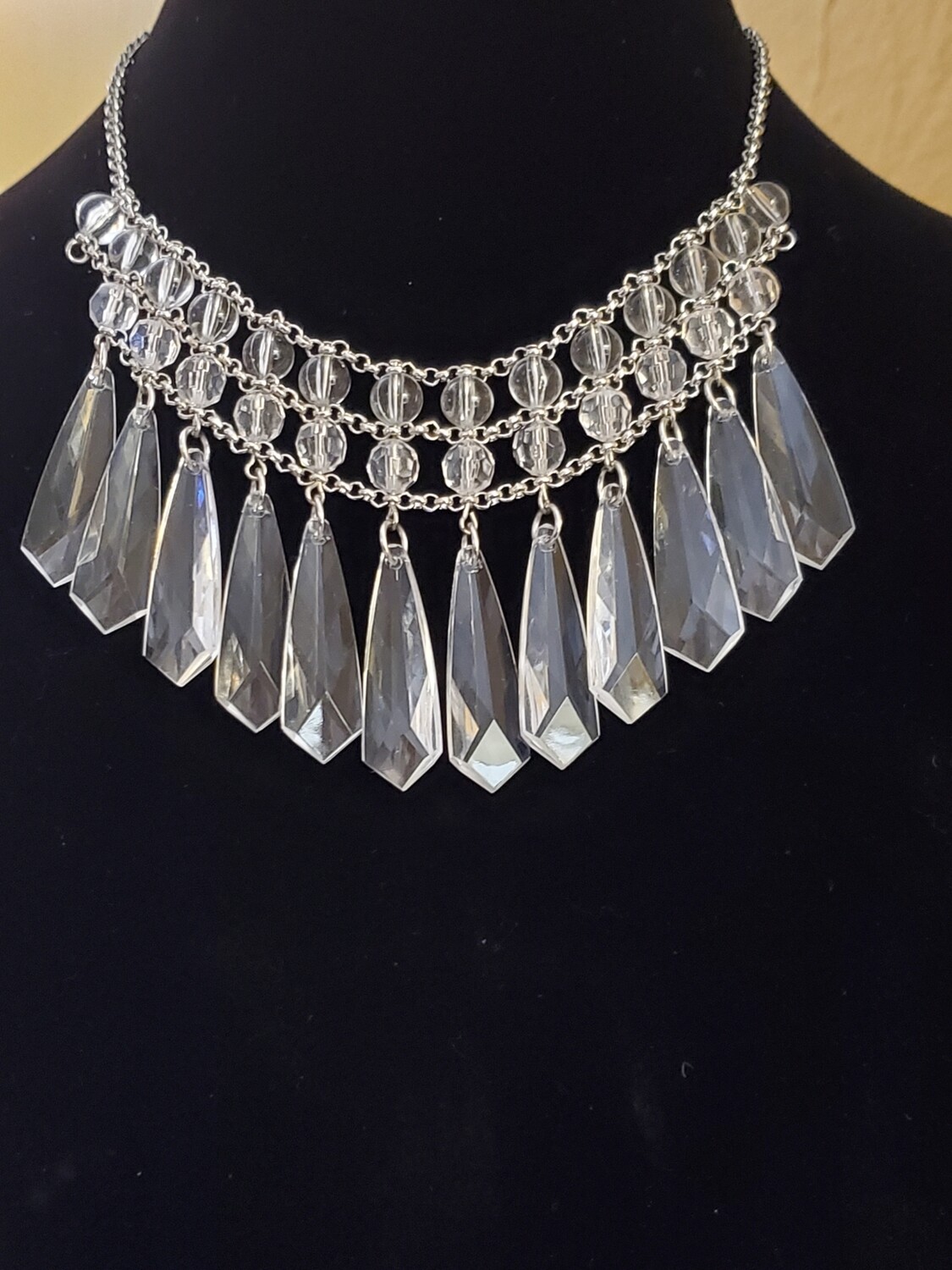 LOFT Silvertone Glass Bead Teardrop Statement Necklace #1055