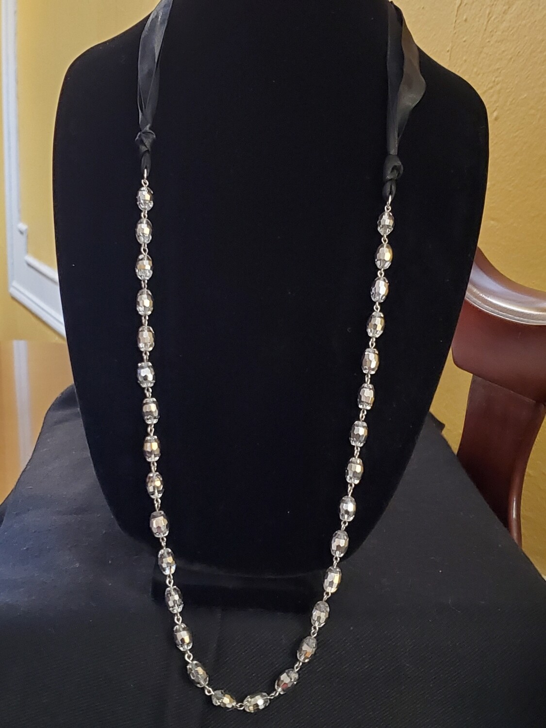 LOFT Silvertone Rhinestone Black Ribbon Necklace #1057