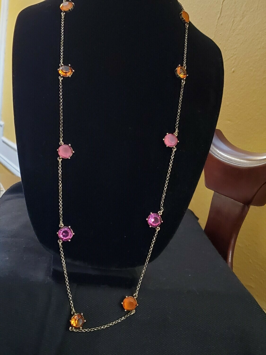 LOFT Goldtone Orange Pink Rhinestone Necklace #1069