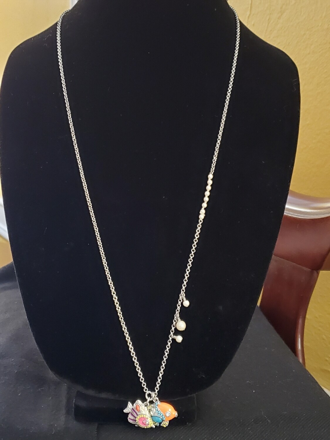 Ann Taylor Silvertone Pearl and Fish Charm Necklace #1067