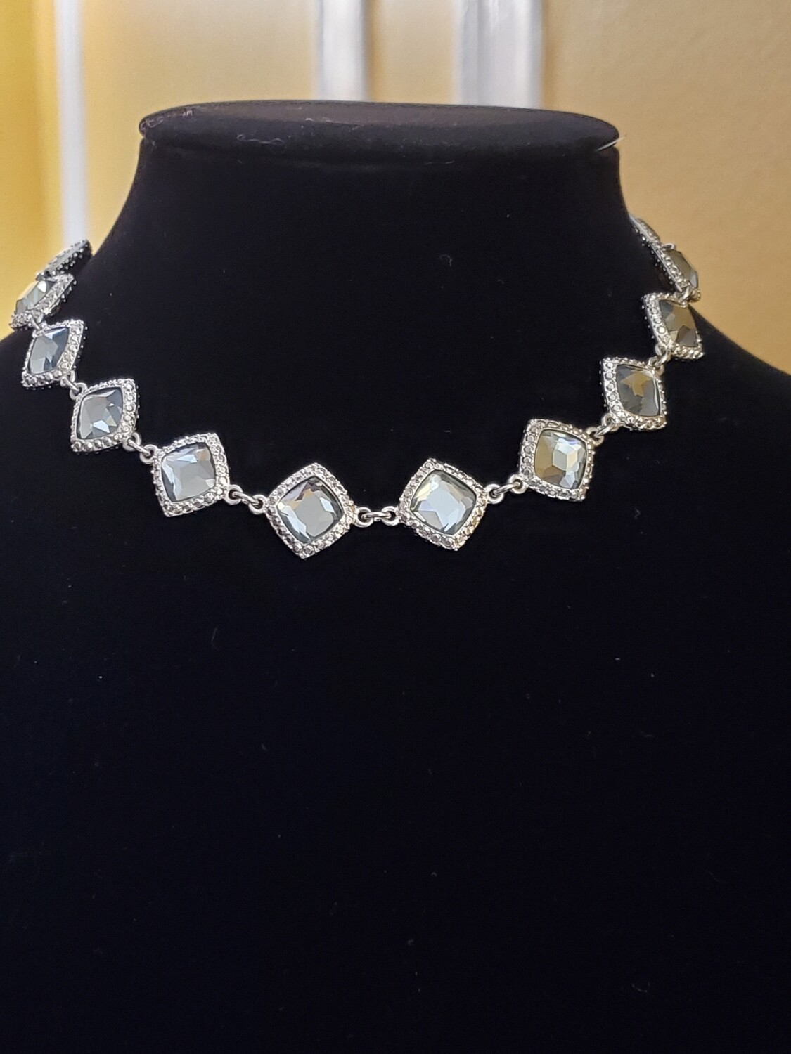 Ann Taylor Silvertone Diamond Shape Rhinestone Necklace #1084
