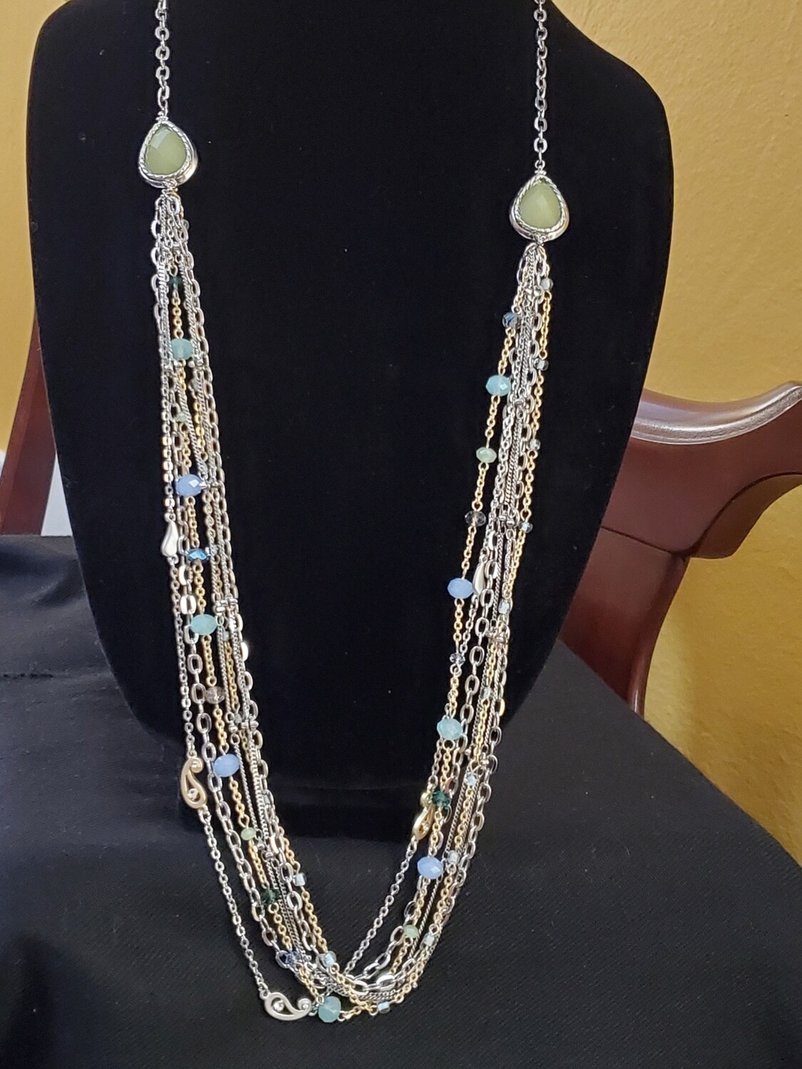 LOFT Silvertone Multistrand Blue Green Bead Necklace #1088