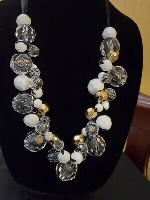 Chunky White and Clear Facet Stone Ribbon Necklace #1087