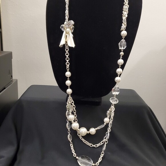 LOFT Faux Pearl Bead Ribbon Necklace #1426