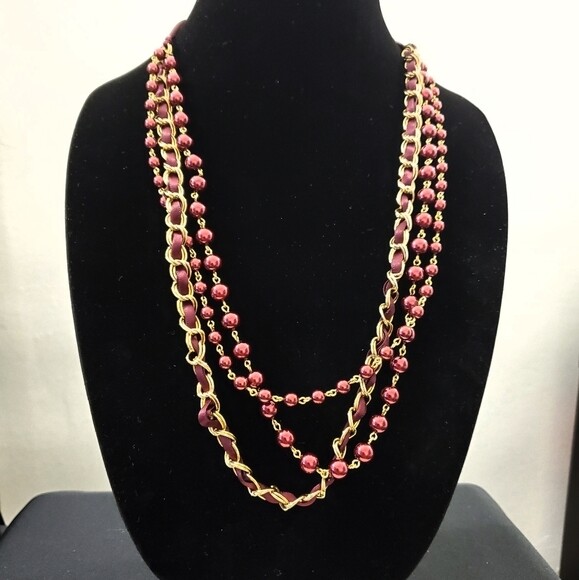 Burgandy Pearlized Bead Ribbon Necklace #1425