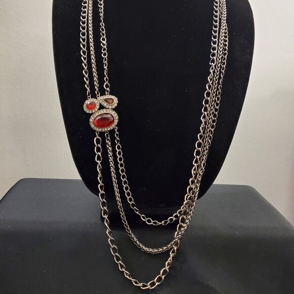 Pewter Chainlink Red Rhinestone Necklace #1427