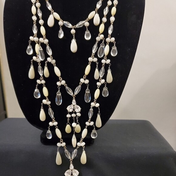 Rhinestone Cream Dangle Bead Necklace #1434