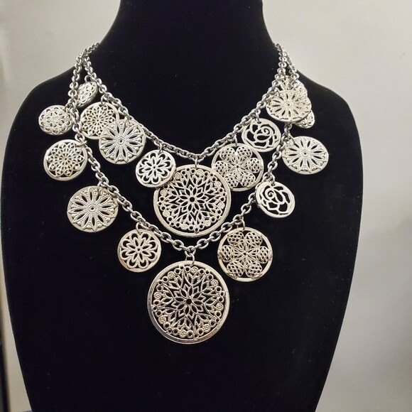 Silver Dangle Disc Statement Necklace #1436