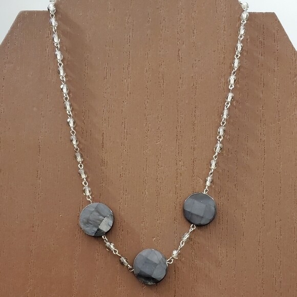 Silvertone Grey Bead Disc Necklace #1480