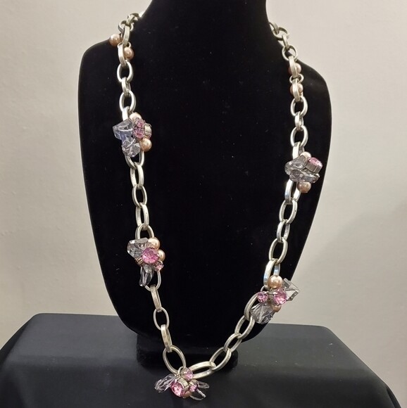 Brushed Silver Pink Rhinestone Necklace #1481