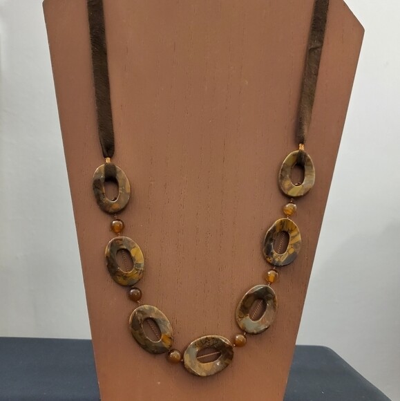 Brown Stone Suede Ribbon Necklace #1493