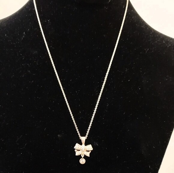 Silver Rhinestone Bow Pendant Necklace #1477