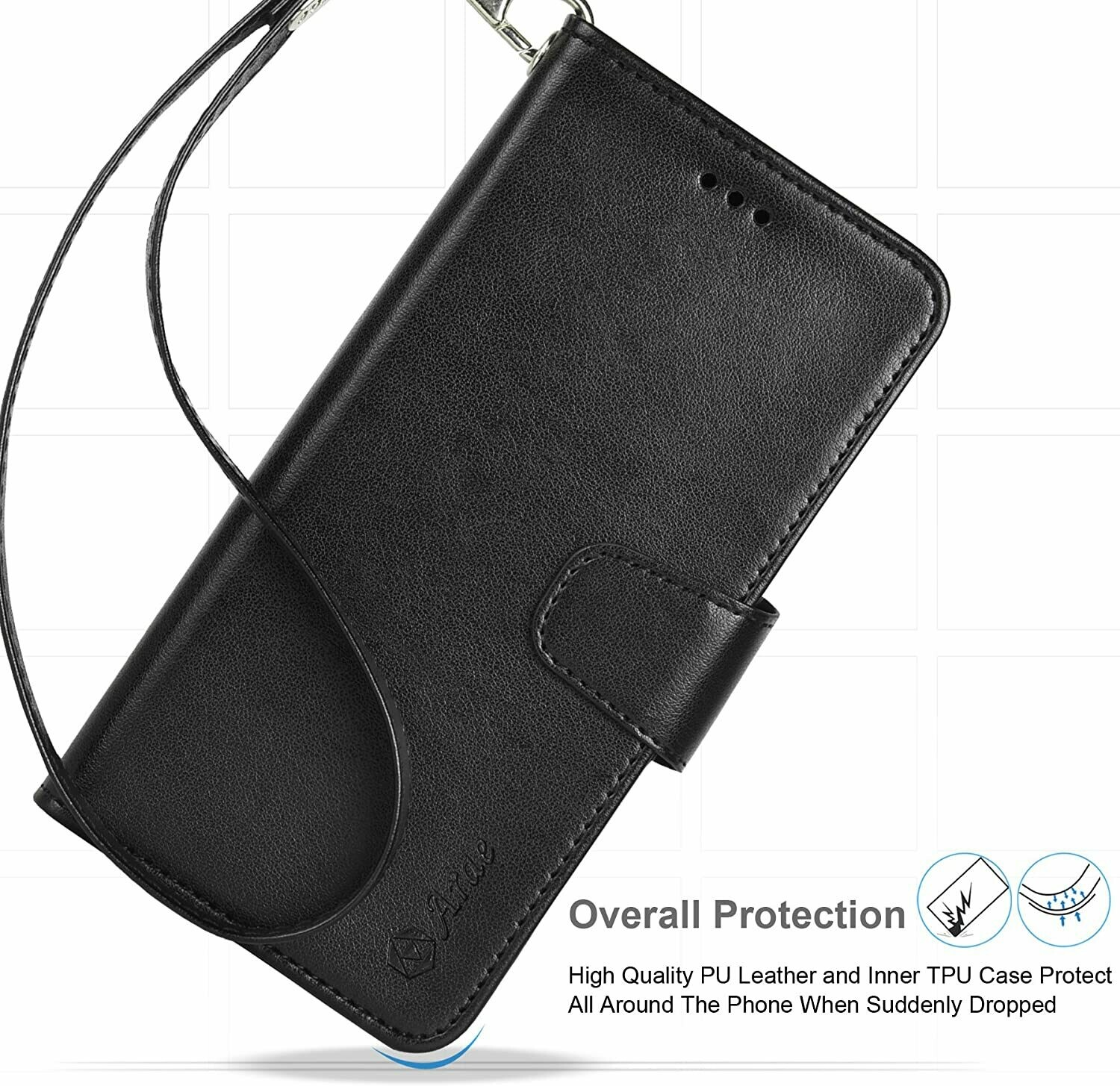Arae Wallet Case for Samsung Galaxy S20 Ultra with Wrist Strap and Credit Card Holders - Black