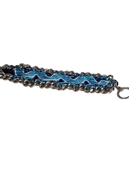 Blue Knit &amp; Silvertone Chainlink Bracelet #973