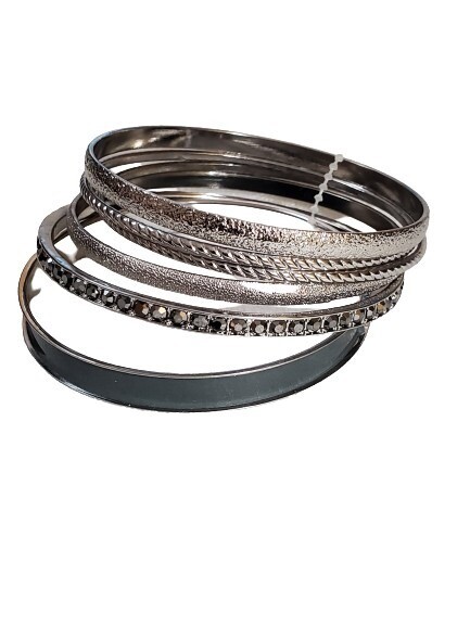 LOFT Grey Enamel Rhinestone Silvertone Bangle Bracelet Set #920