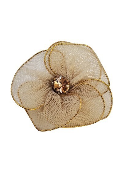 LOFT Gold Trimmed Taupe Mesh Rhinestone Center Hair Pin #1017
