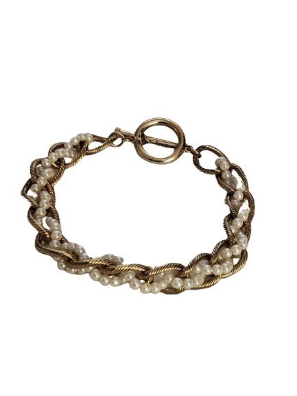 Textured Goldtone Pearl Chainlink  Bracelet #1113