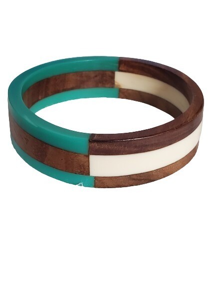 Brown Wood Cream Green Bangle Bracelet  #996