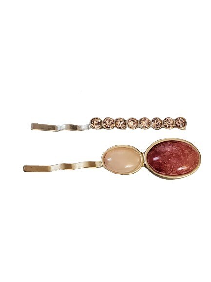 Coral Smooth Stone and Rhinestone Hair Pins #1030