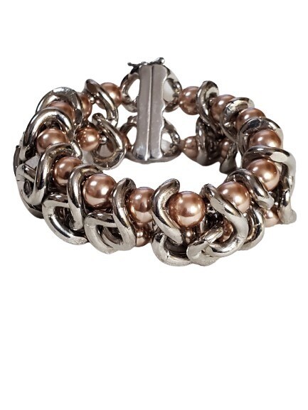 Champagne Faux Pearl Silvertone Chunky Chainlink Bracelet #938