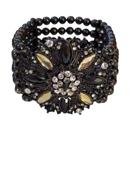 LOFT Yellow Black Rhinestone Bead Statement Stretch Bracelet #915