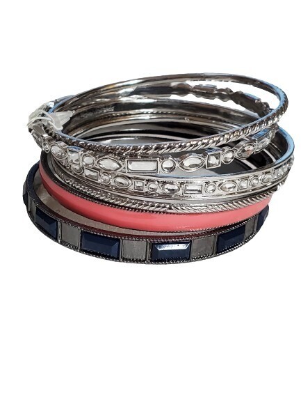 LOFT Silvertone Rhinestone Multicolor Bangle Bracelet Set #949