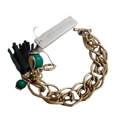 Ann Taylor Gold Rhinestone Dangle Green Bead Bracelet #176