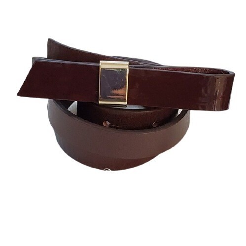 Brown Patent Bow Gold Buckle Belt M #1321
