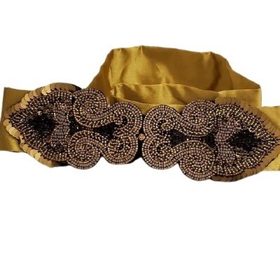 Gold Satin Beaded Statement Belt - S #1396
