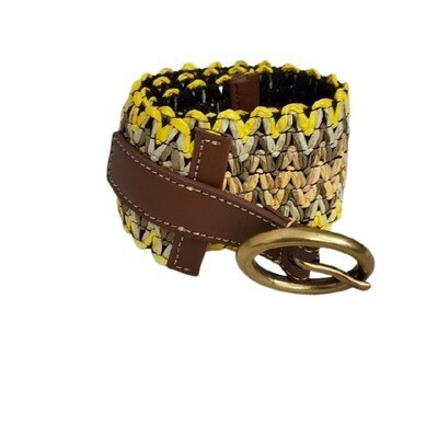 Yellow Ethnic Print Stretch Belt-S #1403