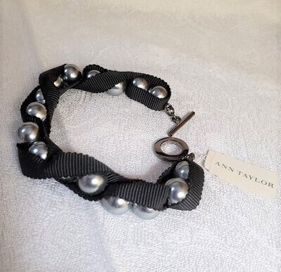 Ann Taylor Black Ribbon Grey Pearlized Bracelet #817