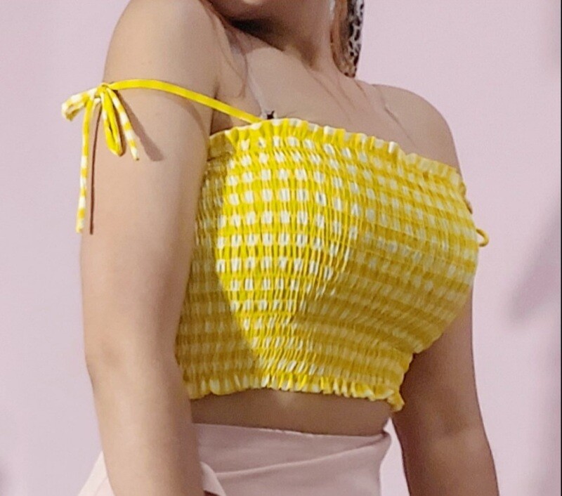 Cropped Lastex | Alcinha laço | Xadrez Amarelo