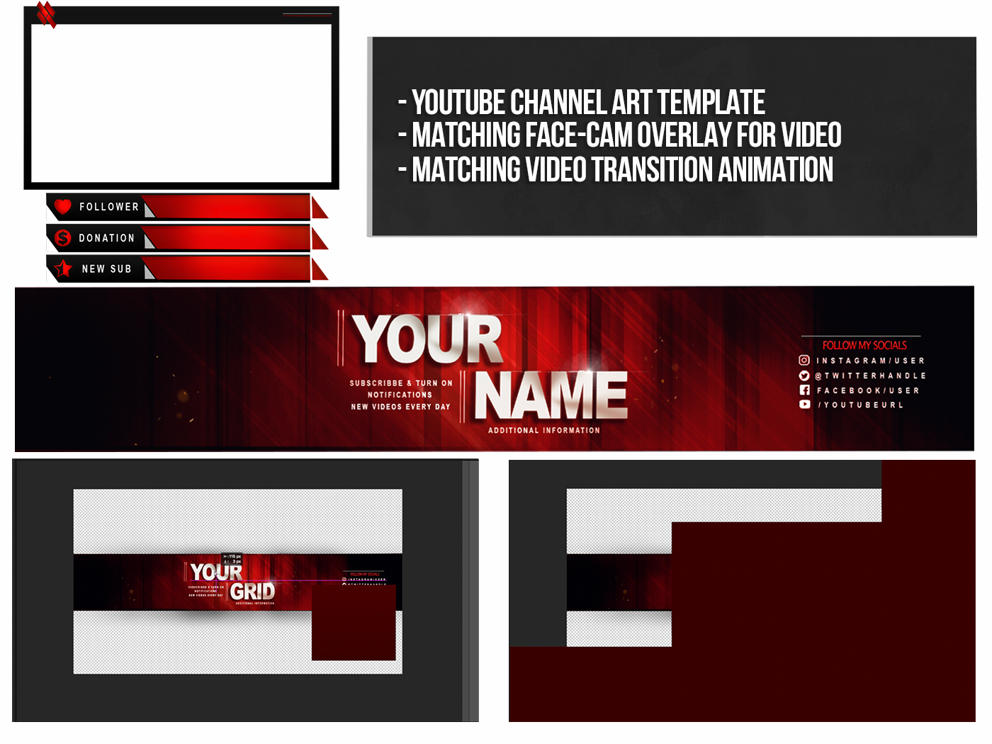 Youtube Channel Branding Kit Template Pack 4 - Scarlet Grid