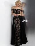 JOVANI OFF THE SHOULDER BLACK AND NUDE OVERSKIRT