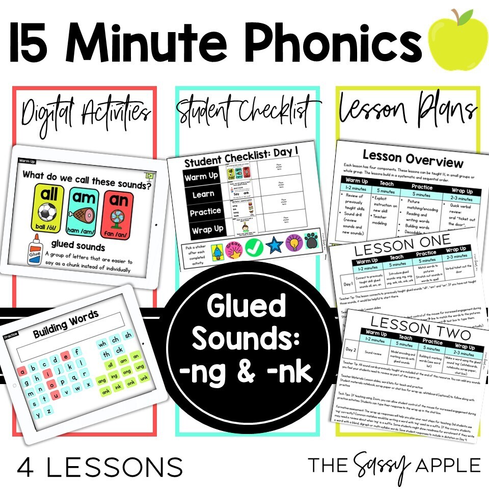 Glued Sounds -nk & -ng 15 Minute Phonics 4 Lessons Interactive PPT Google Slides