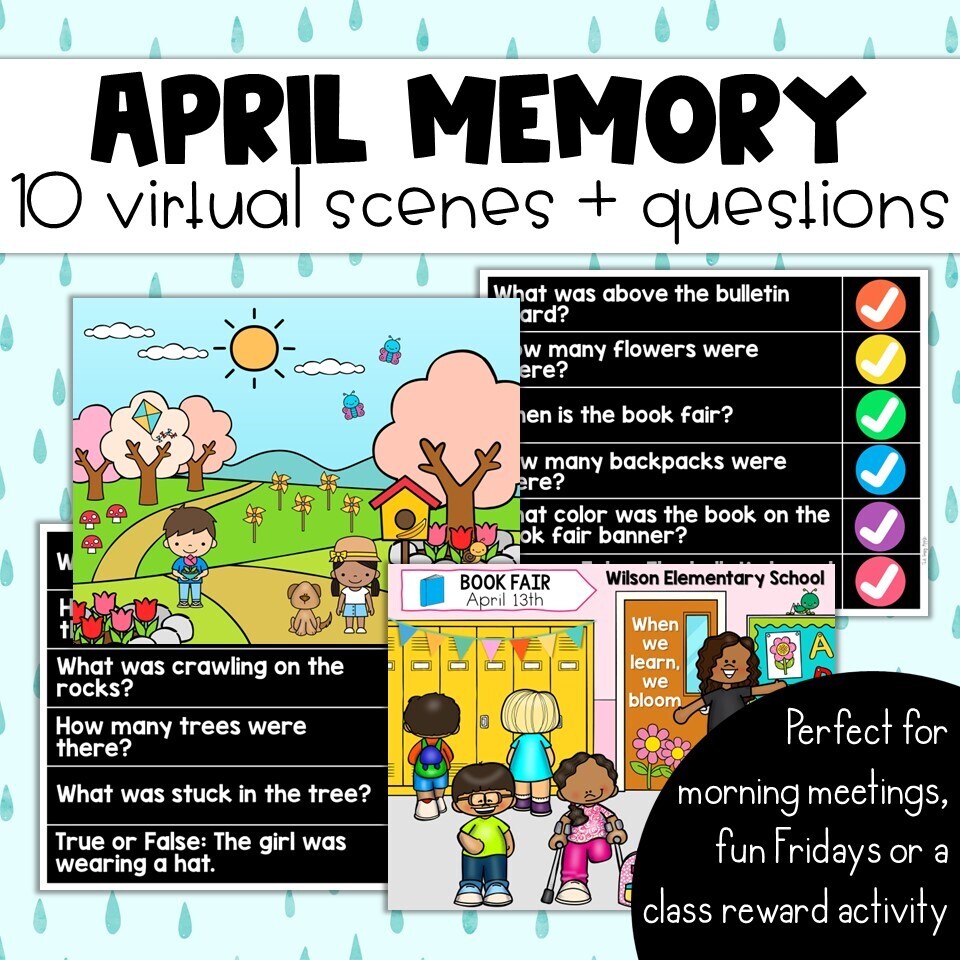April Memory: 10 Virtual Rooms & Questions Morning Meetings Brain Breaks