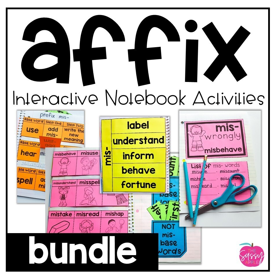 Prefix & Suffix Interactive Notebook Activities Bundle re, mis, dis, un, & more!
