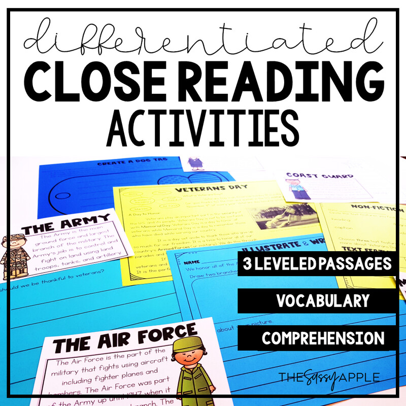 Veterans Day Activities & Writing w/ Differentiated Close Reading Digital & PDF