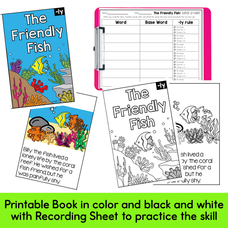 Suffix: ly anchor chart, activities, worksheets, posters, printable book