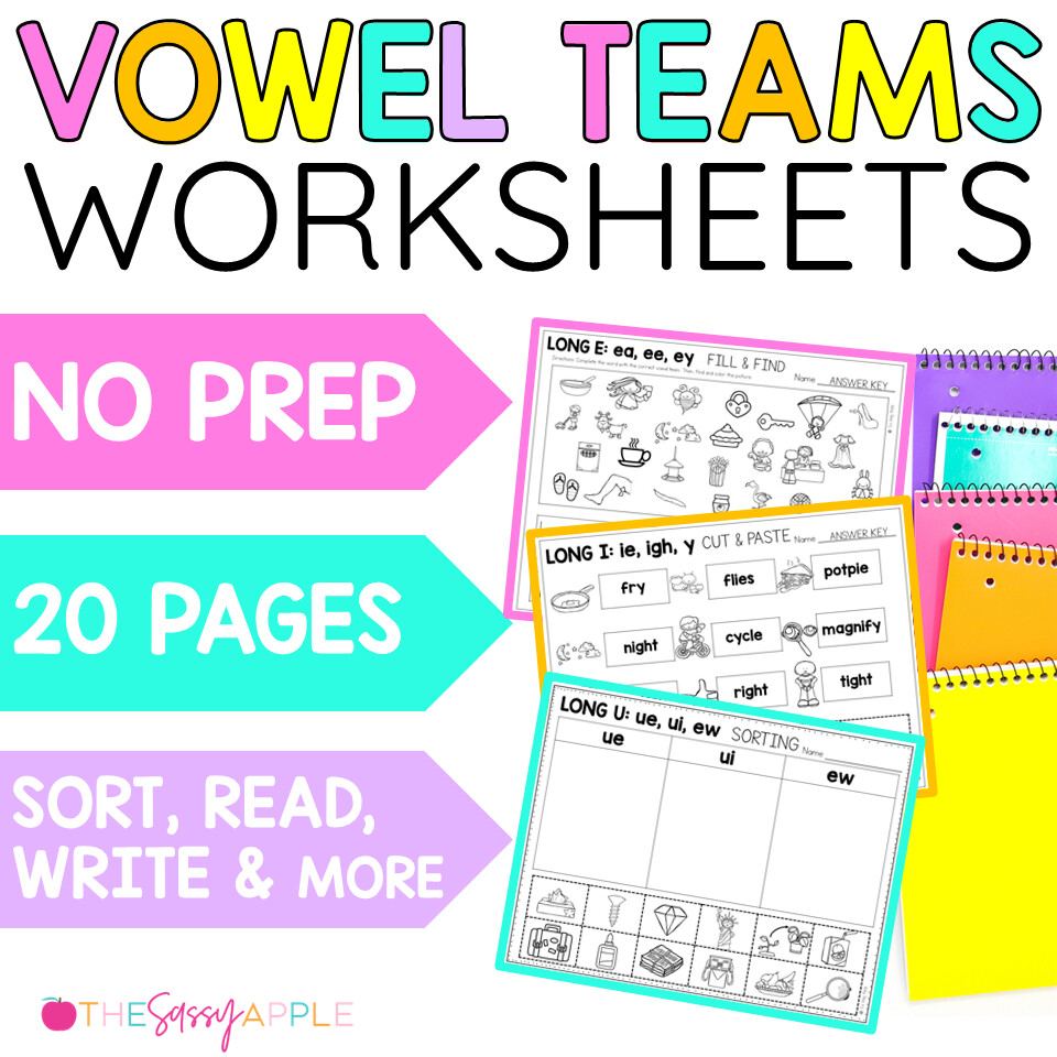 Vowel Team Activities Worksheets No Prep Long A, E, I, O, U Vowel Teams
