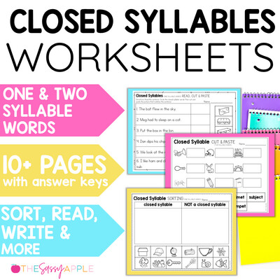Closed Syllables 1- and 2-Syllable Words Worksheets Word Work Activities
