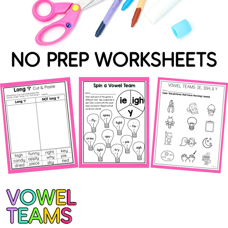 Long I Vowel Teams IE, IGH, Y Worksheets Activities Reading Passages Word Work
