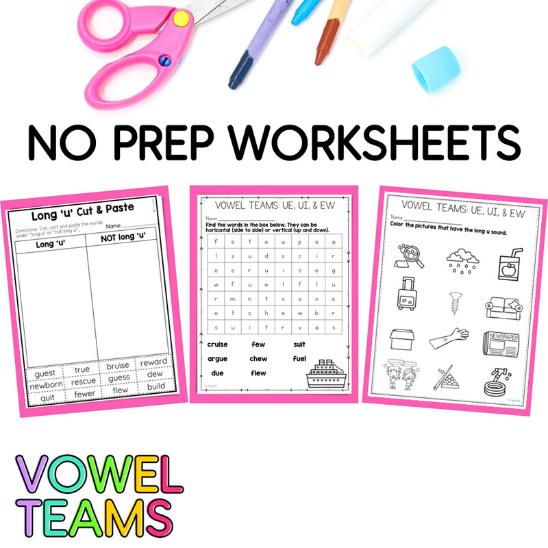 Long U Vowel Teams UE EW Worksheets Activities Decodable Reading Passage Posters