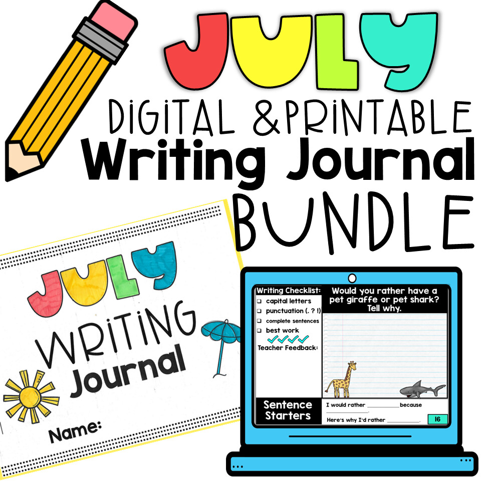 July Printable and Digital Writing Journal 20 Prompts + Editable Google Slides