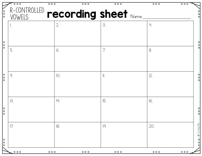R-controlled Vowels Task Cards Worksheet Scoot Activity with Recording Sheets
