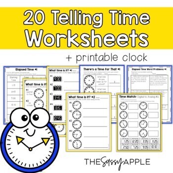 20 Telling Time Worksheet + Printable Clock No Prep Analog Digital Elapsed Time