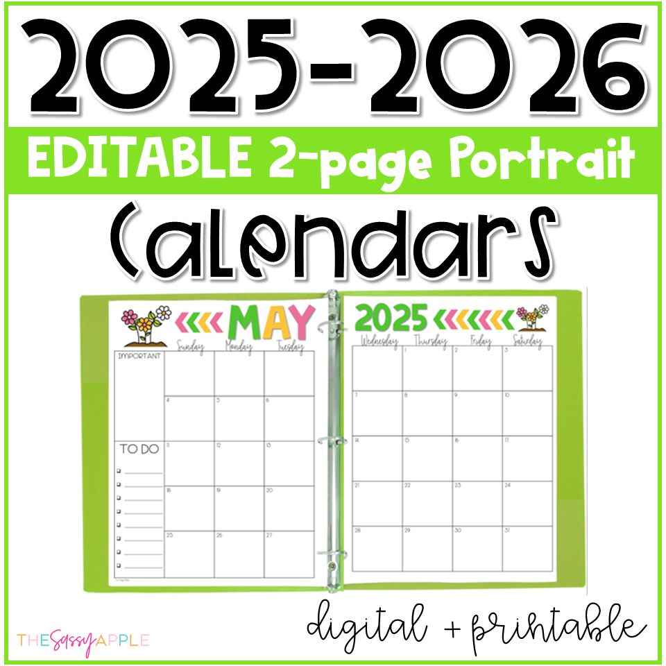 2025-2026 EDITABLE Monthly Calendars PRINT & DIGITAL: 2-Page Portrait